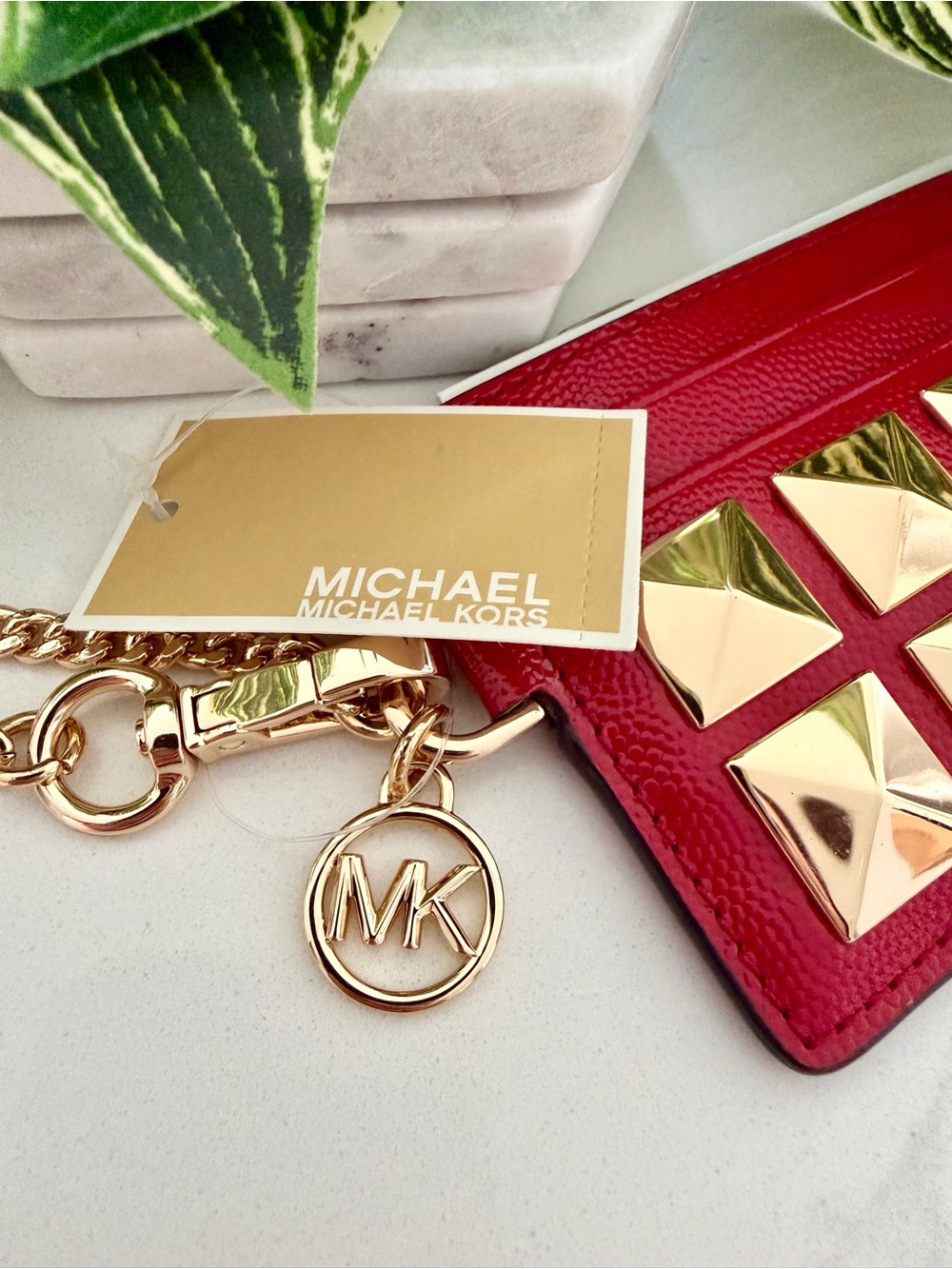 Michael Kors Red Studded Card Case Wristlet - Picture 3 of 5